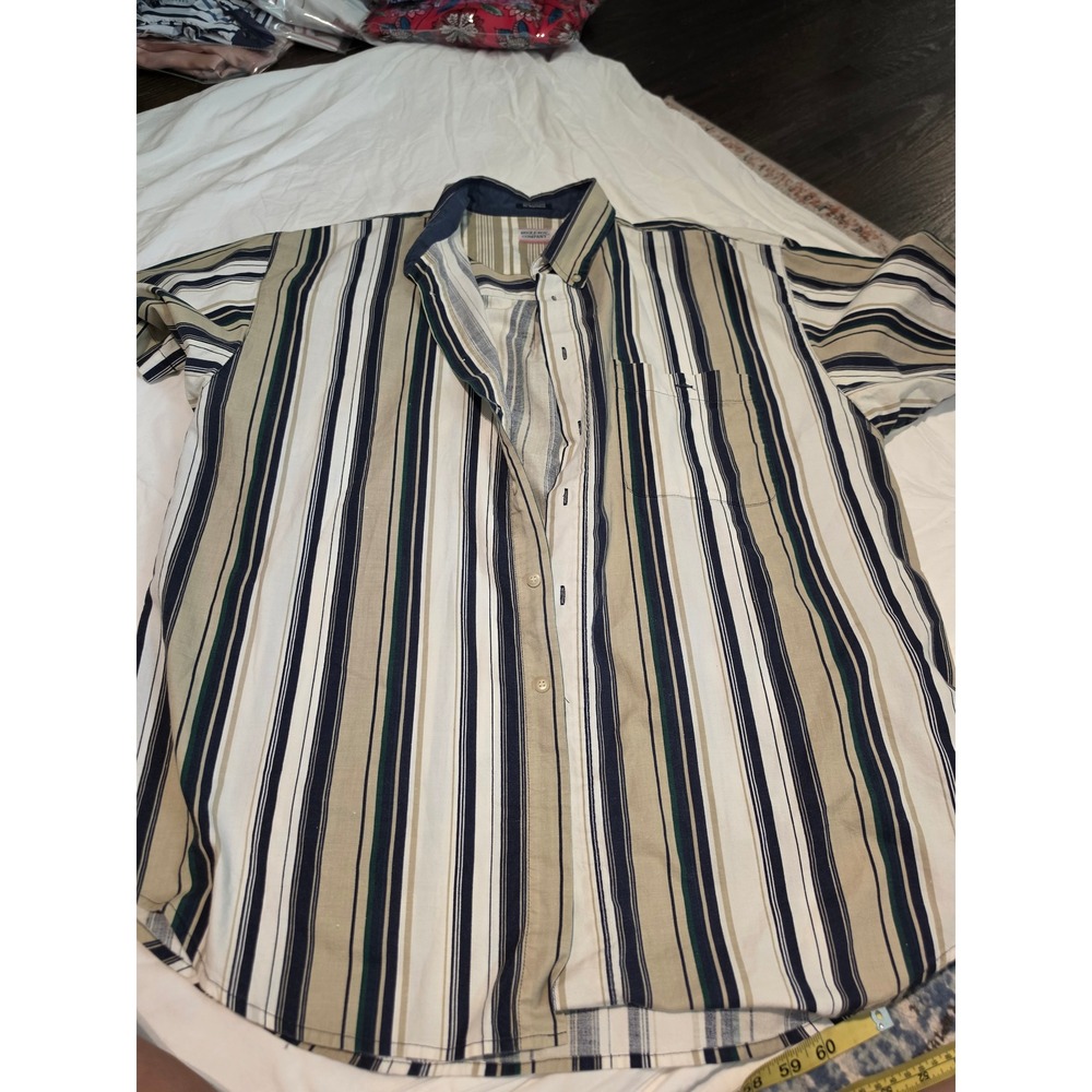 Bugle Boy Company Mens XL Striped Button Down Shirt Short Sleeve Cotton Blue Tan